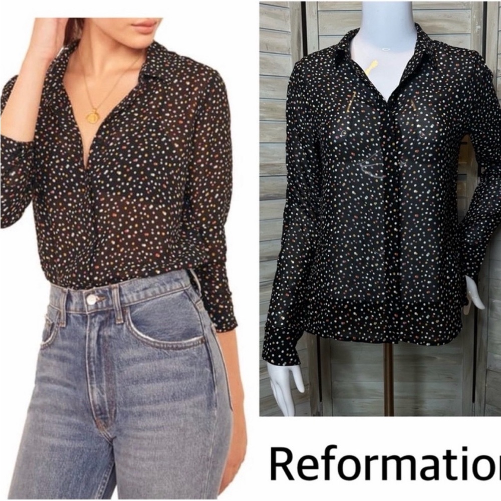 Reformation Violet top confetti print black multi color dot button down Small